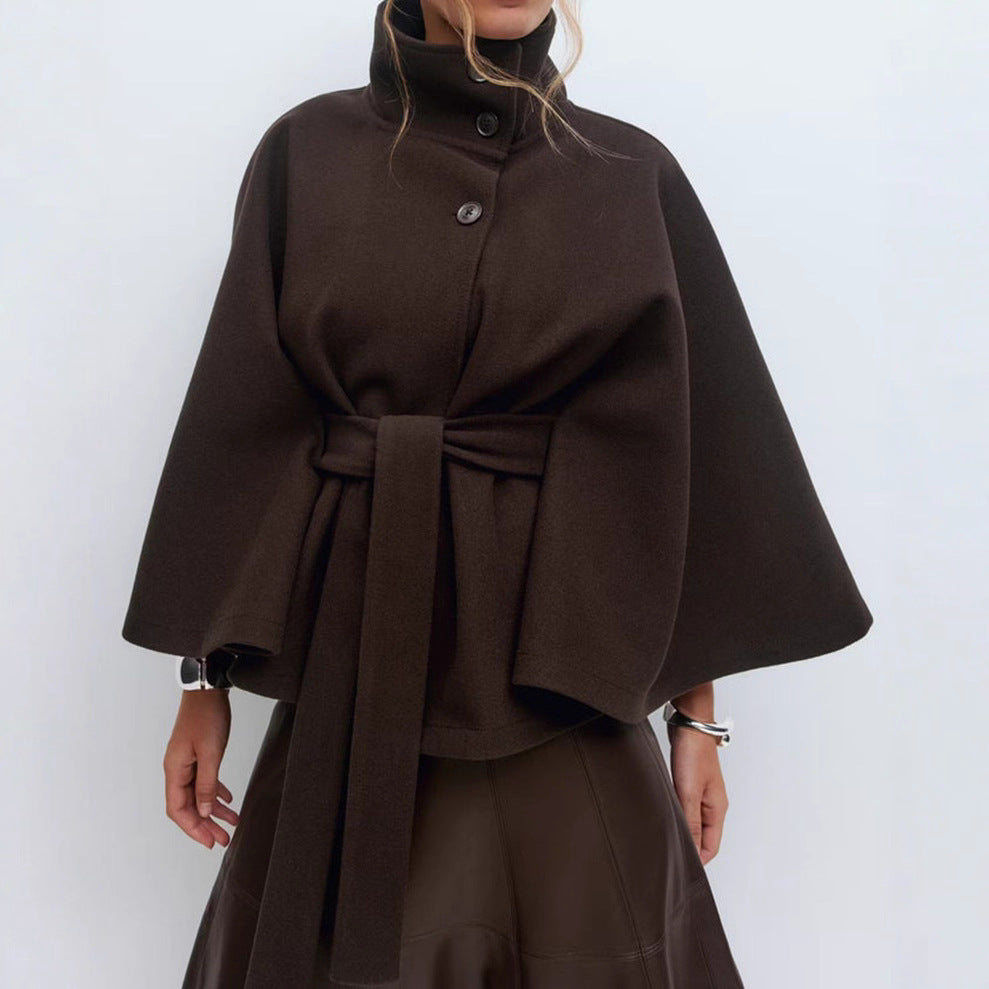 Elegant High Neck Batwing Sleeve Winter Coat with Belt