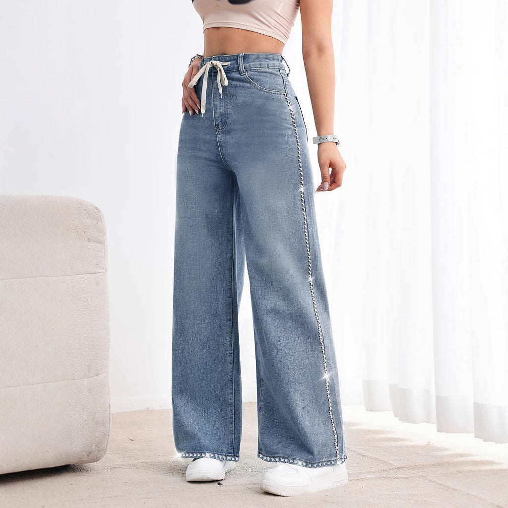 Retro High Waist Beaded Wide Leg Jeans