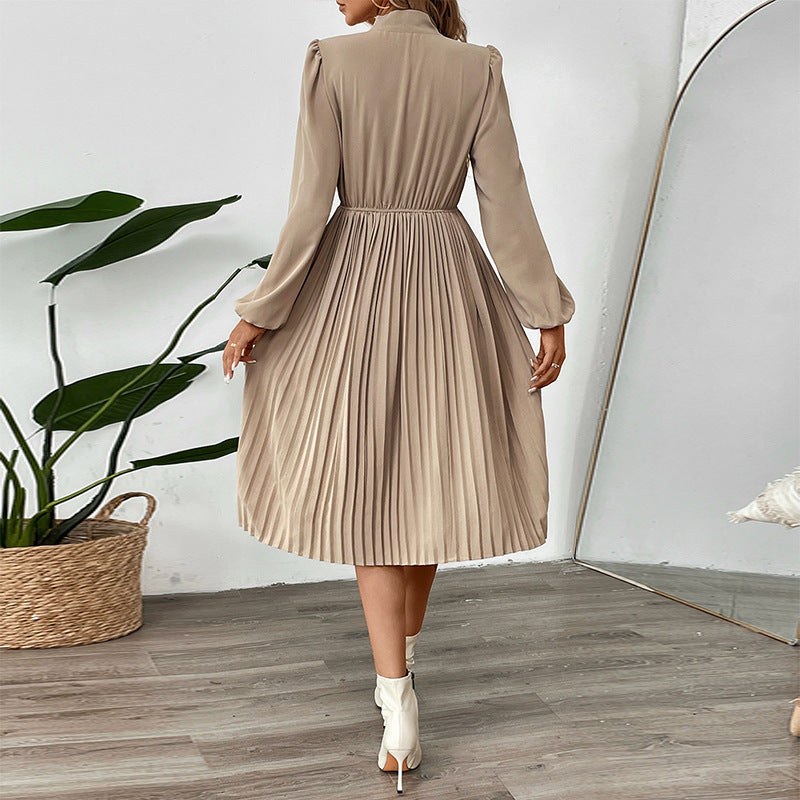 Apricot Long Sleeve Pleated Midi Dress with Elegant Bow Collar