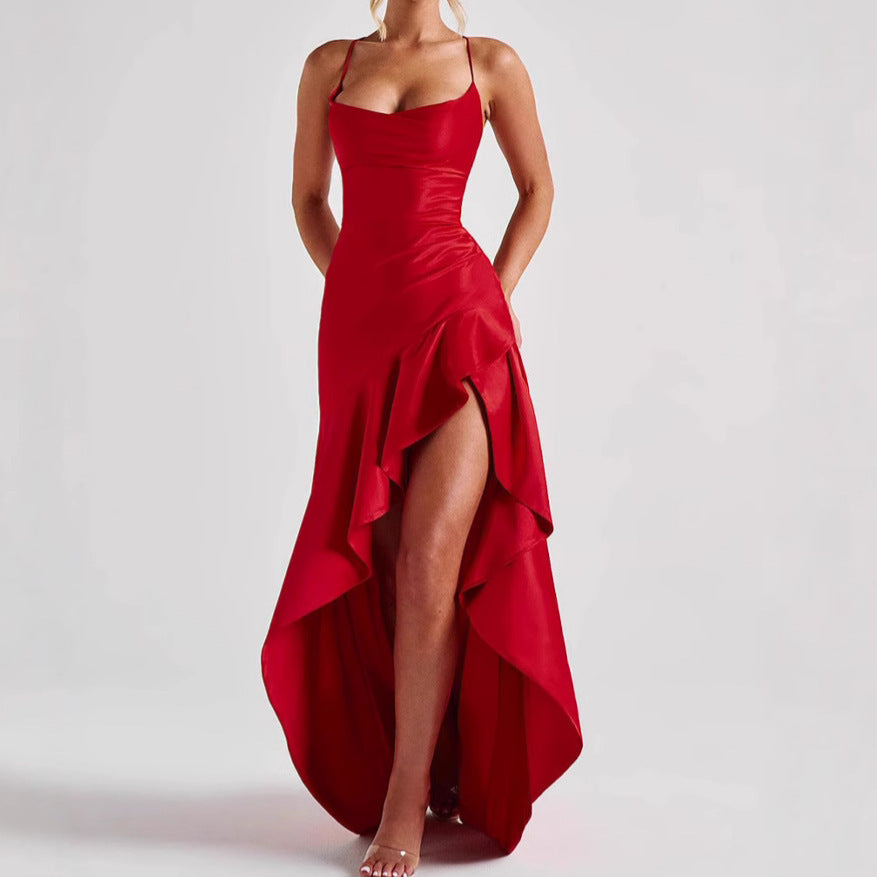 Glamorous Backless Ruffled High-Slit Maxi Dress for Evening Wear