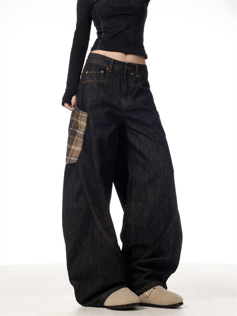 Retro Plaid Patch Wide-Leg Jeans for Women