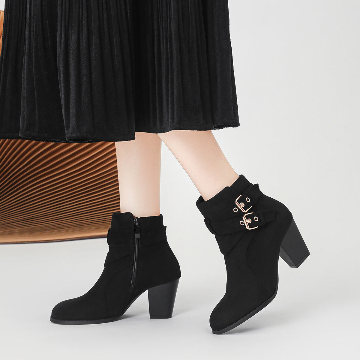 Adalyn Suede Buckle Block Heel Boots