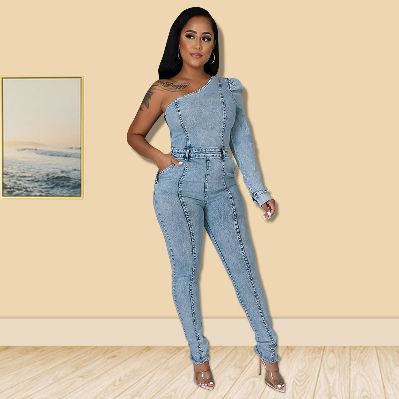 Stylish One-Shoulder Denim Jumpsuit - Light Blue Acid Wash