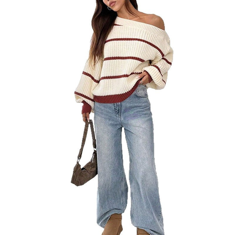 Relaxed Fit Off-Shoulder Striped Knit Sweater with Lantern Sleeves