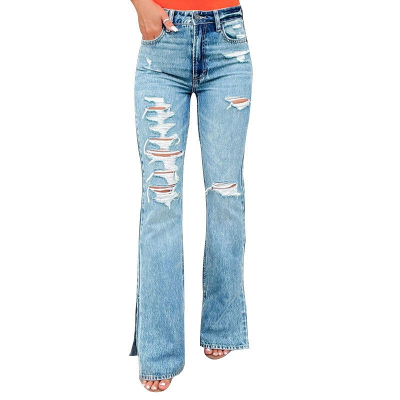Trendy High Waist Ripped Split Hem Flare Jeans