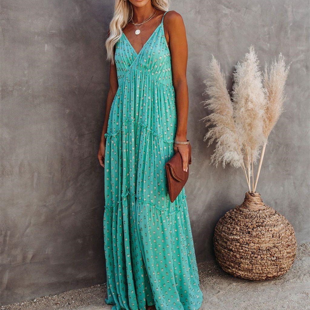 Leopard Print V-Neck Dress - Women's Casual Ruffled Style