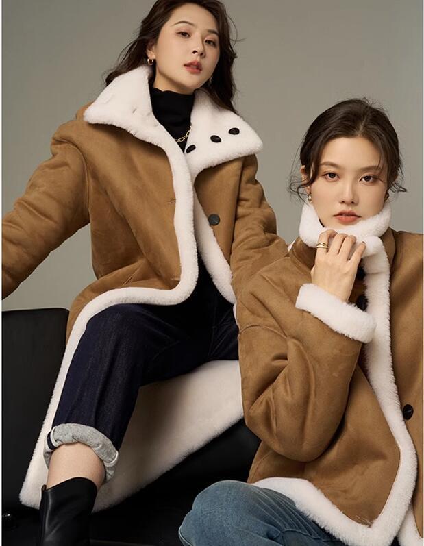 Cozy Faux Suede Shearling Jacket with Lambswool Effect Trim for Winter Style