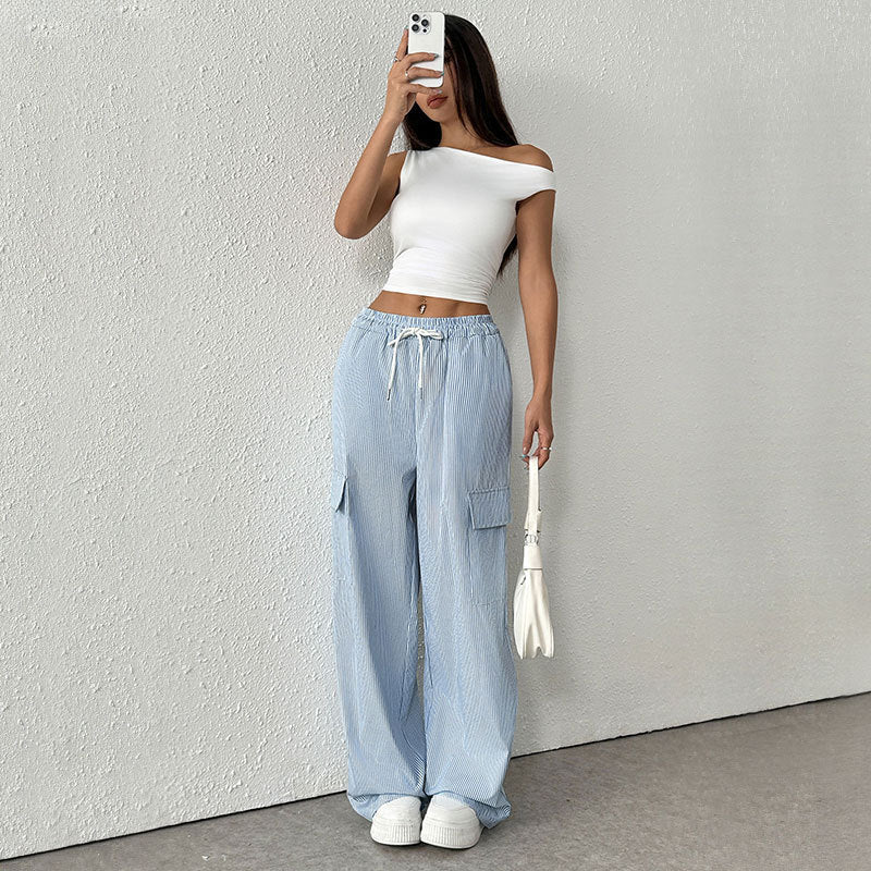 Comfortable Striped High Waist Wide Leg Cargo Trousers