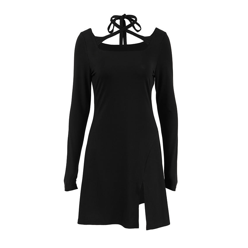 Chic Black Knitted Long Sleeve Mini Dress with Square Neckline and Lace Up Detail