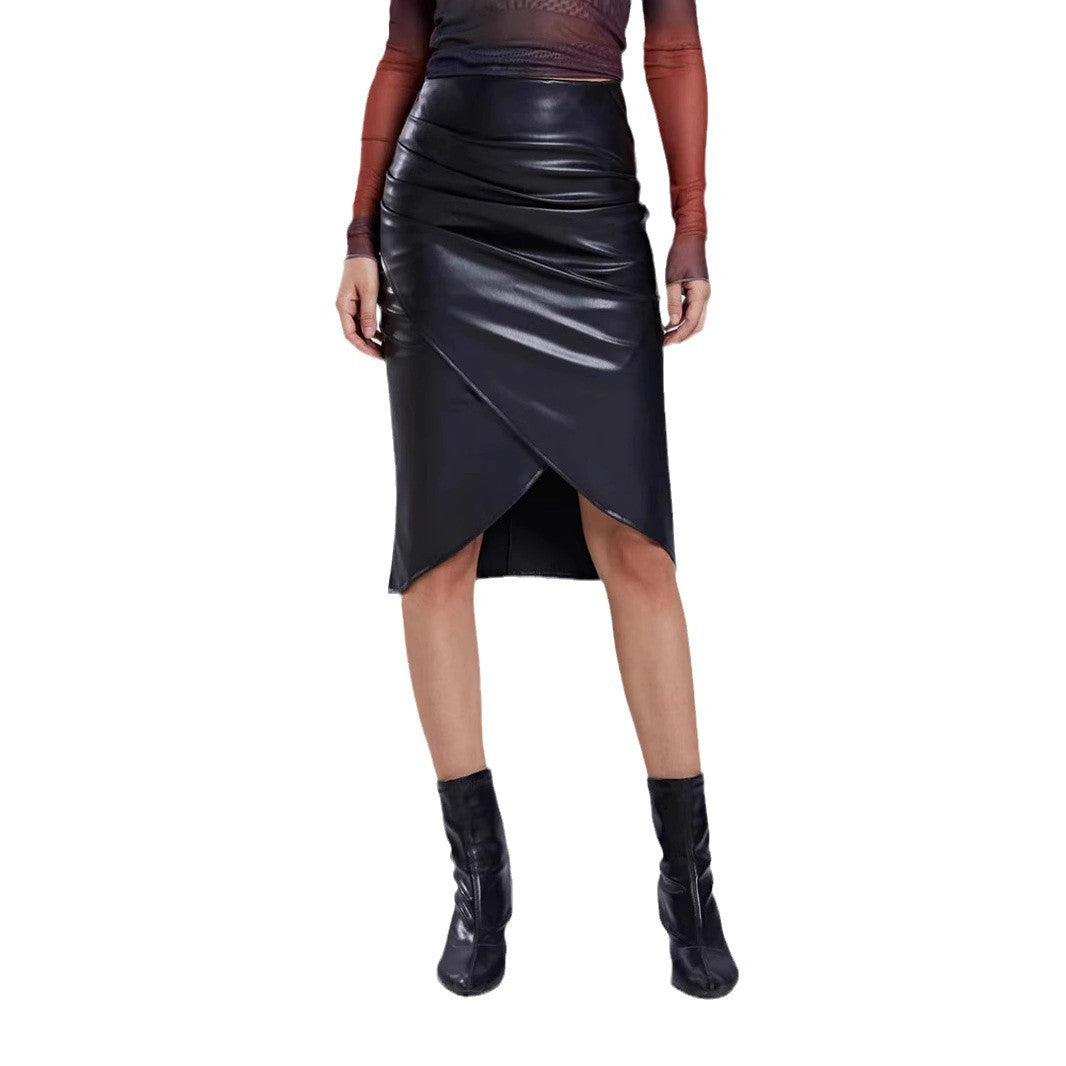 Chic High Waist Ruched Faux Leather Midi Skirt Excellent Asymmetric Hem Design