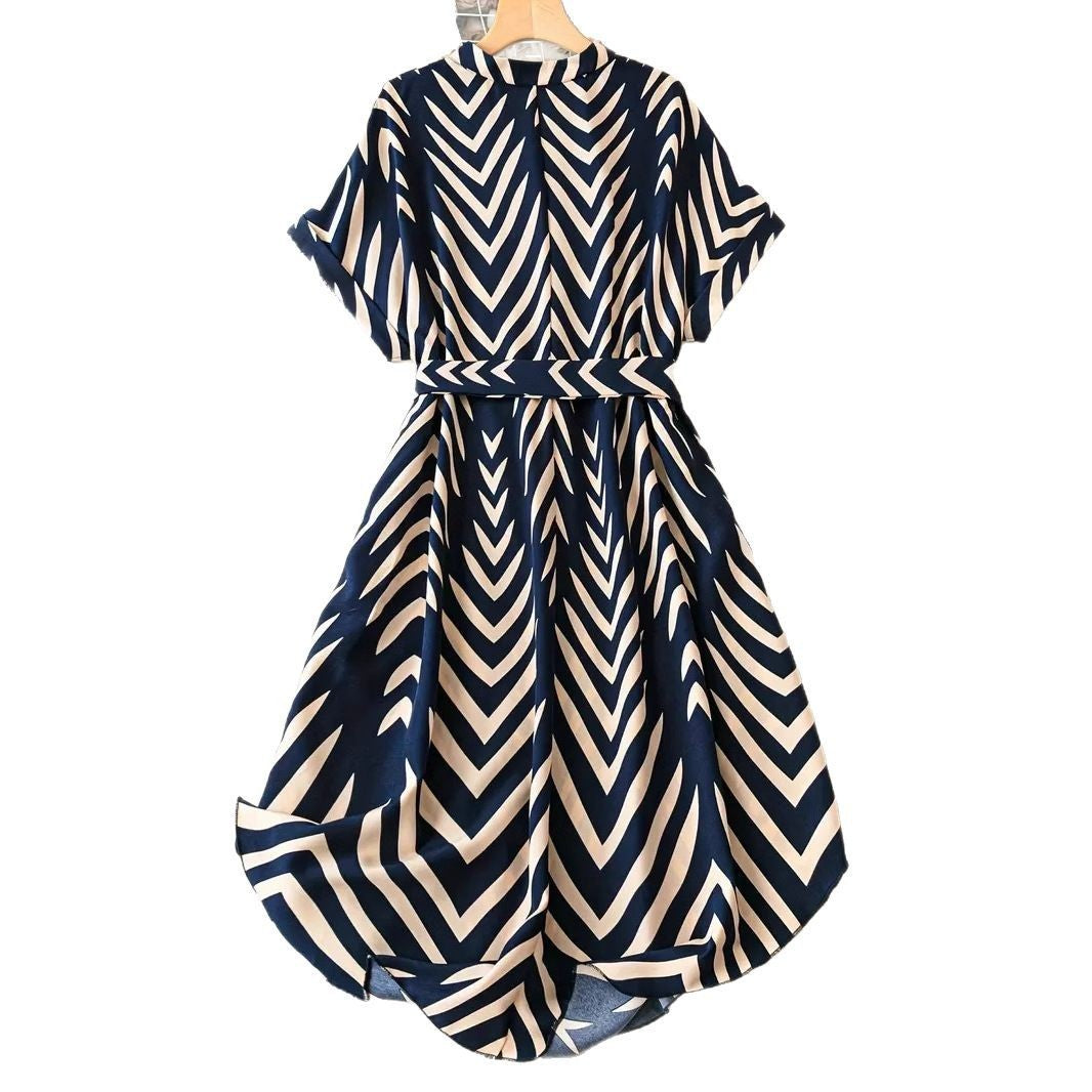 Chic Vacation Style Irregular Striped Tie Waist Midi Dress for Summer