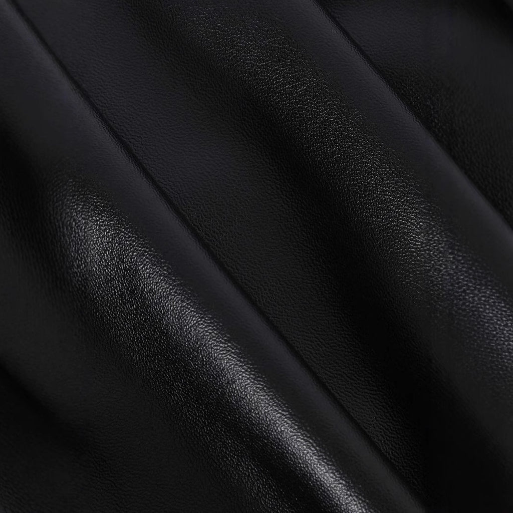 Chic High Waist Ruched Faux Leather Midi Skirt Excellent Asymmetric Hem Design