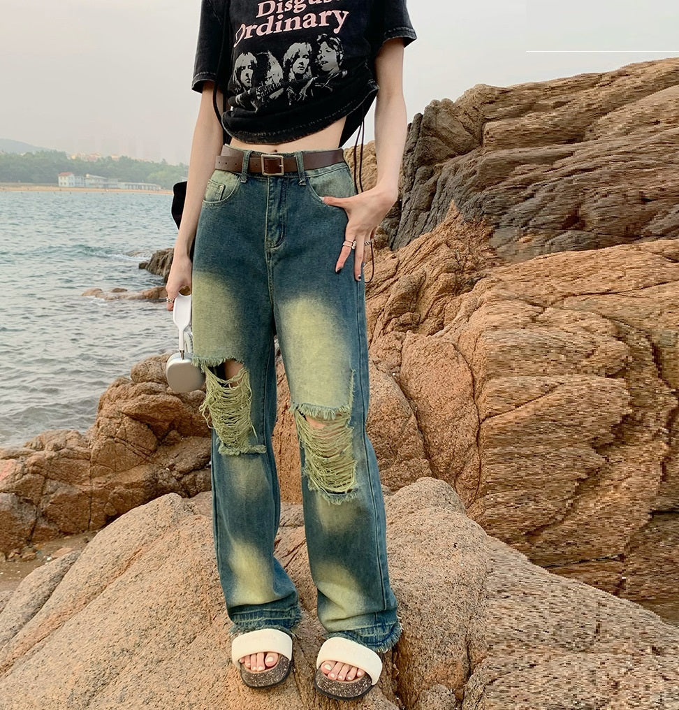 High-Waist Distressed Wide-Leg Denim Jeans