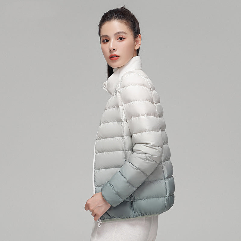 Fashionable Gradient Stand Collar Down Puffer Jacket Cozy Winter Outerwear