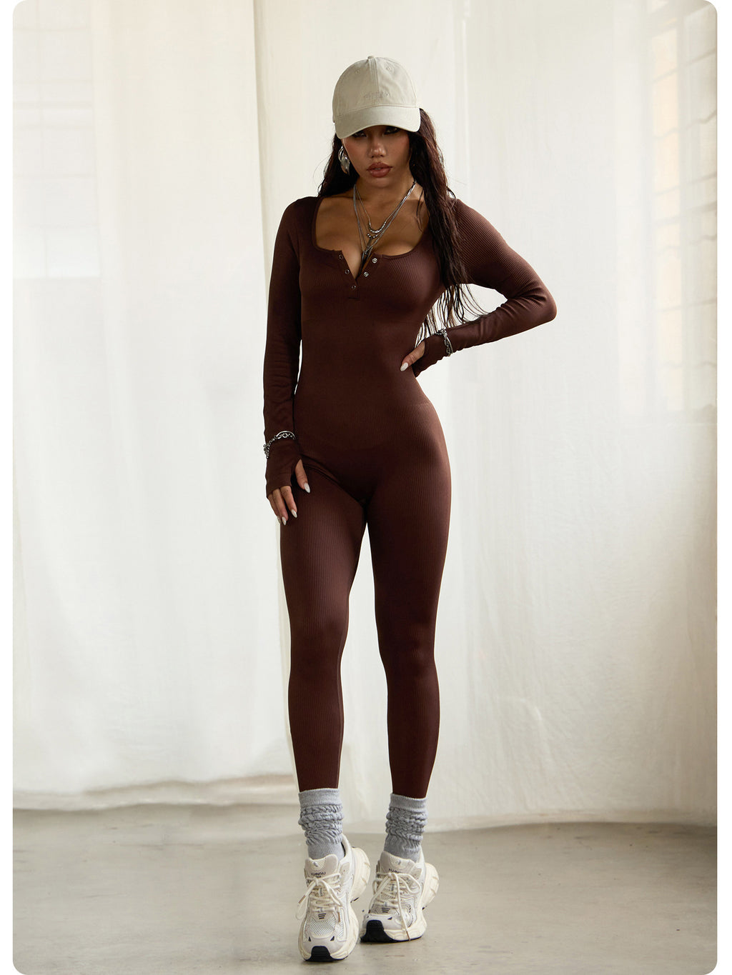 Comfortable Ribbed Long Sleeve Square Neck Yoga Jumpsuit for Active Lifestyles