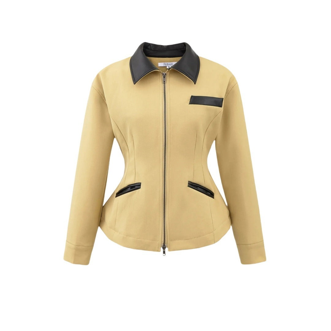 Retro Contrast Lapel Faux Leather Waist-Sculpting Biker Jacket with Zipper Detail