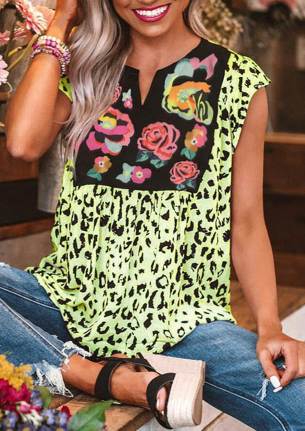 Boho V-Neck Floral Leopard Print Blouse for Women