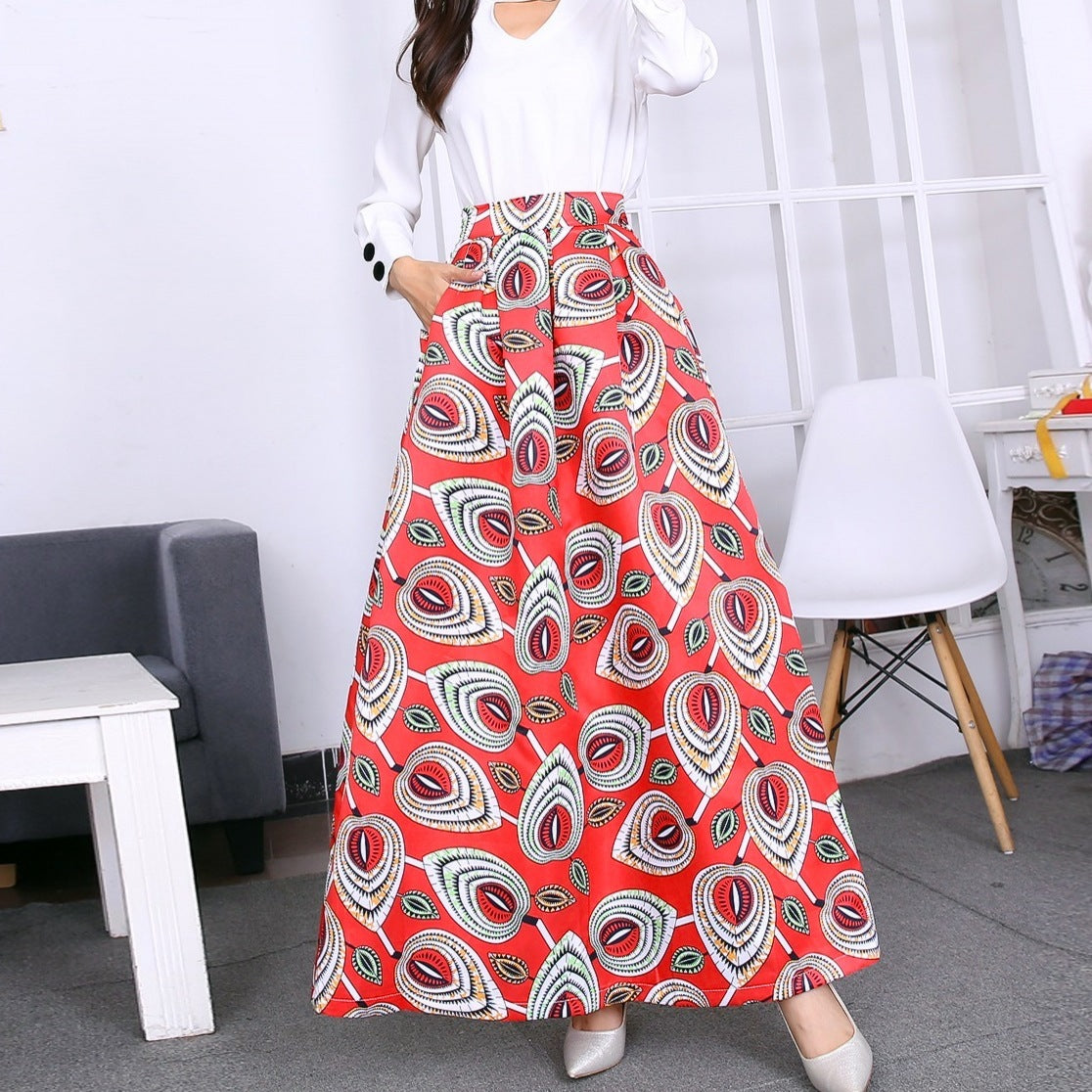 Vibrant Bohemian Print Pleated Long Maxi Skirt with Pockets