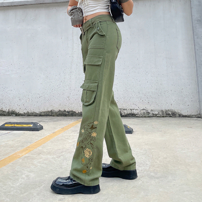 Vintage Low Waist Embroidered Cargo Pants - Y2K Style