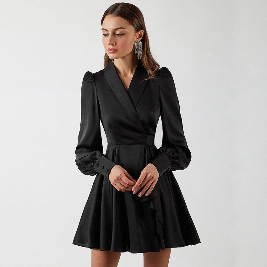 Elegant V Neck Long Sleeve Mini Dress with Cinched Waist and Lantern Sleeves