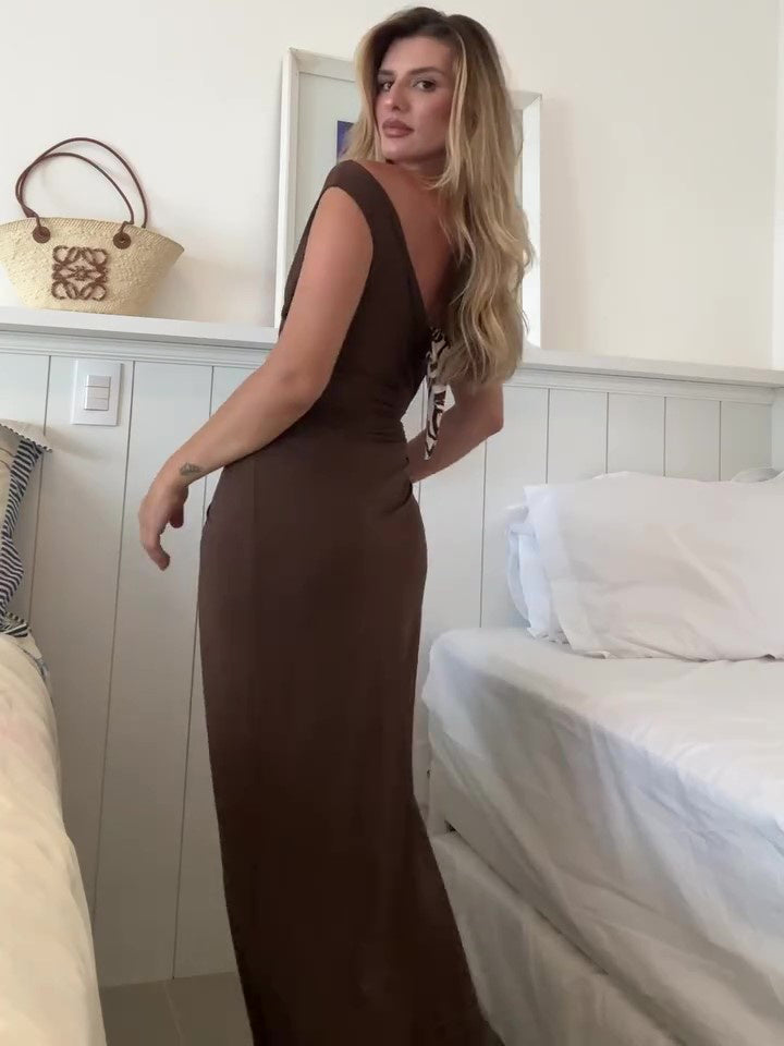 Elegant Off-Shoulder Twist Slit Maxi Dress - Vacation Ready