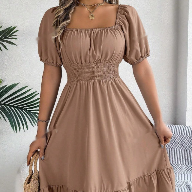 Effortless Spring Summer Casual Vacation Puff Sleeve Midi Dress with Ruffle Hem