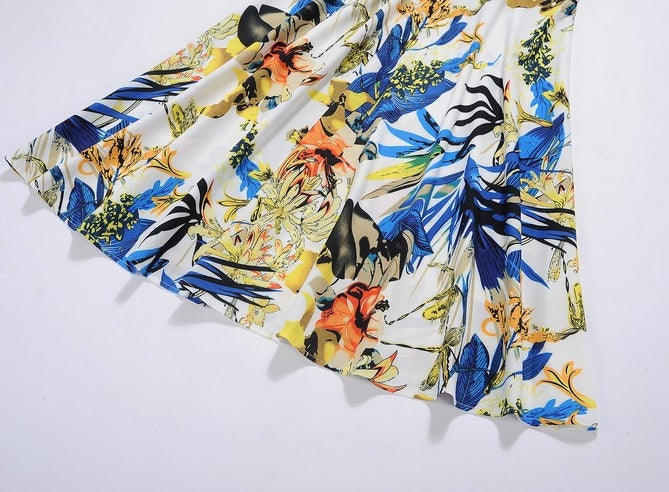 Vibrant Floral Print Sleeveless Belted A-Line Midi Dress for Summer