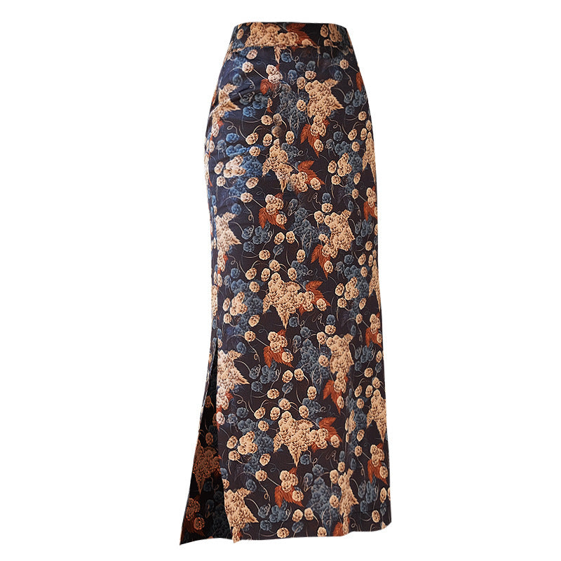 Elegant Floral Print Satin Midi Skirt with Side Slit