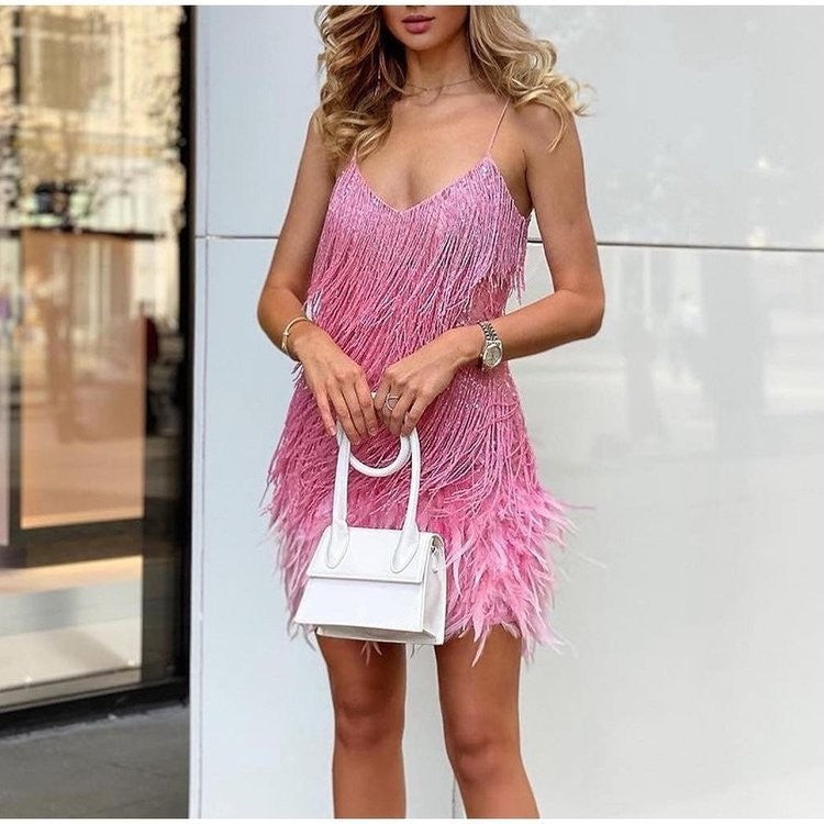 Glamorous Sequin Feather Mini Party Dress - V-Neck Spaghetti Strap