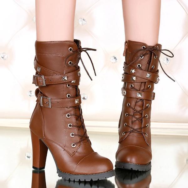 Edgy Rivet High Heel Ankle Boots - Women's Biker Style