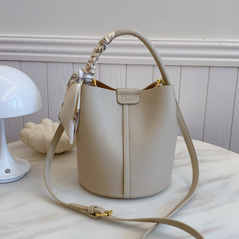 Chic PU Leather Bucket Bag with Elegant Scarf Handle Detail