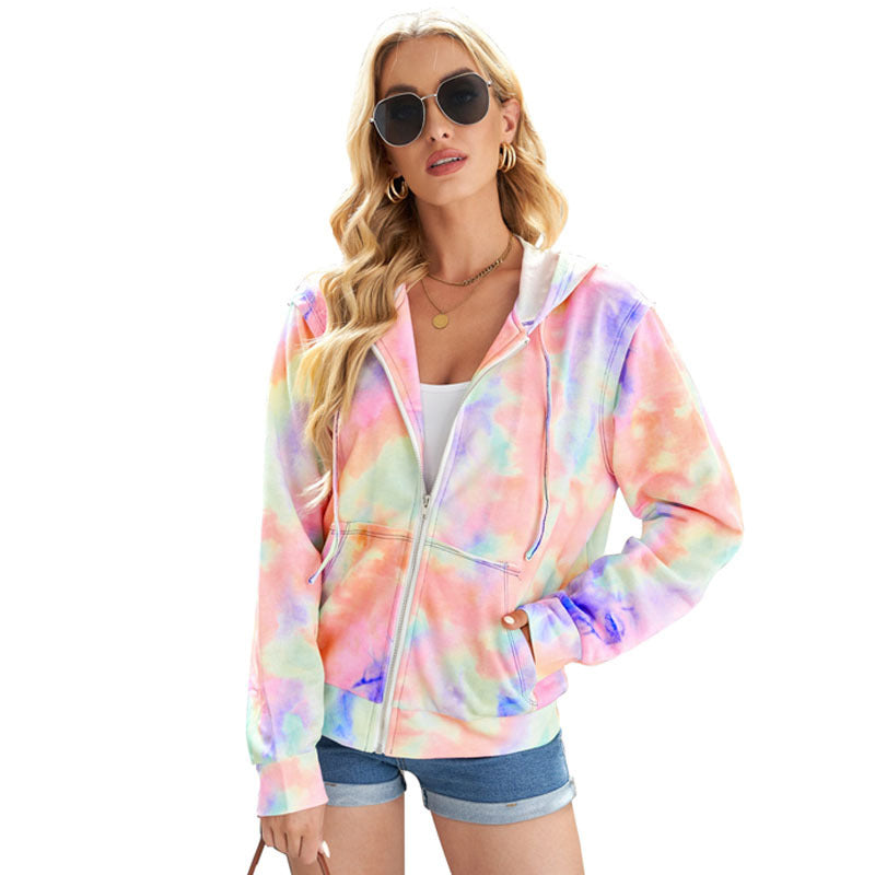 Vibrant Tie-Dye Hooded Zip-Up Top with Front Pockets