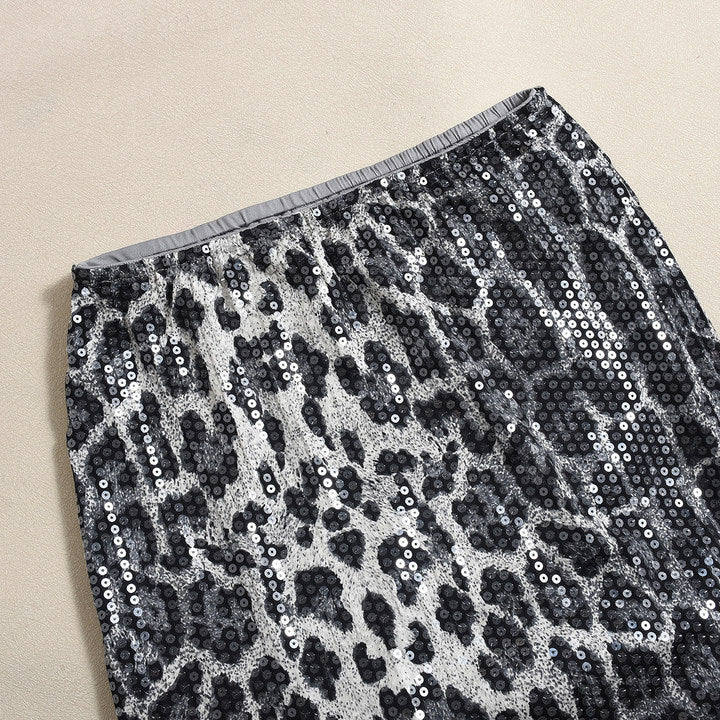 Stunning Leopard Print Sequin Maxi Fishtail Skirt