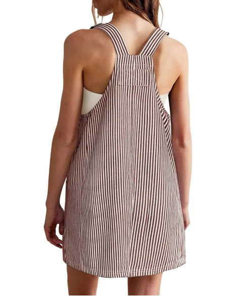 Chic Striped A-Line Pinafore Dress with Adjustable Straps and Pockets