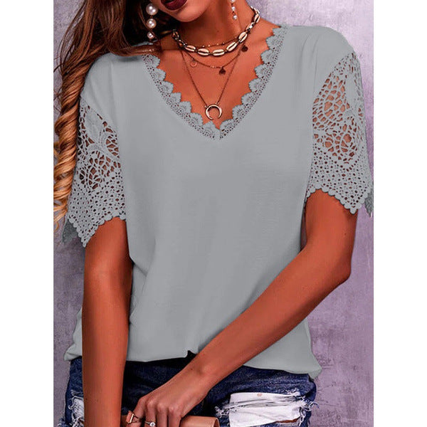 Elegant Lace V-Neck Blouse for Women - Casual Short Sleeve Summer Top