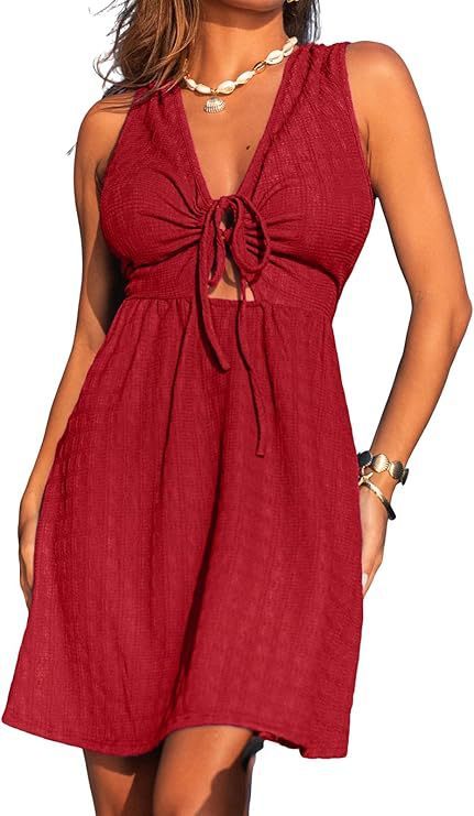 Effortless Summer V-neck A-Line Sleeveless Tie Front Mini Dress