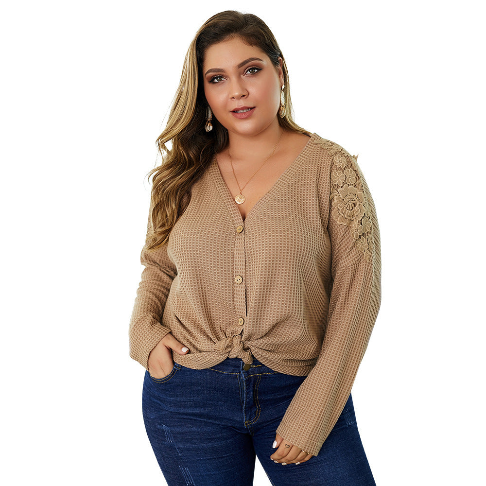 Comfortable Waffle Knit V-Neck Button-Up Top with Lace Detail