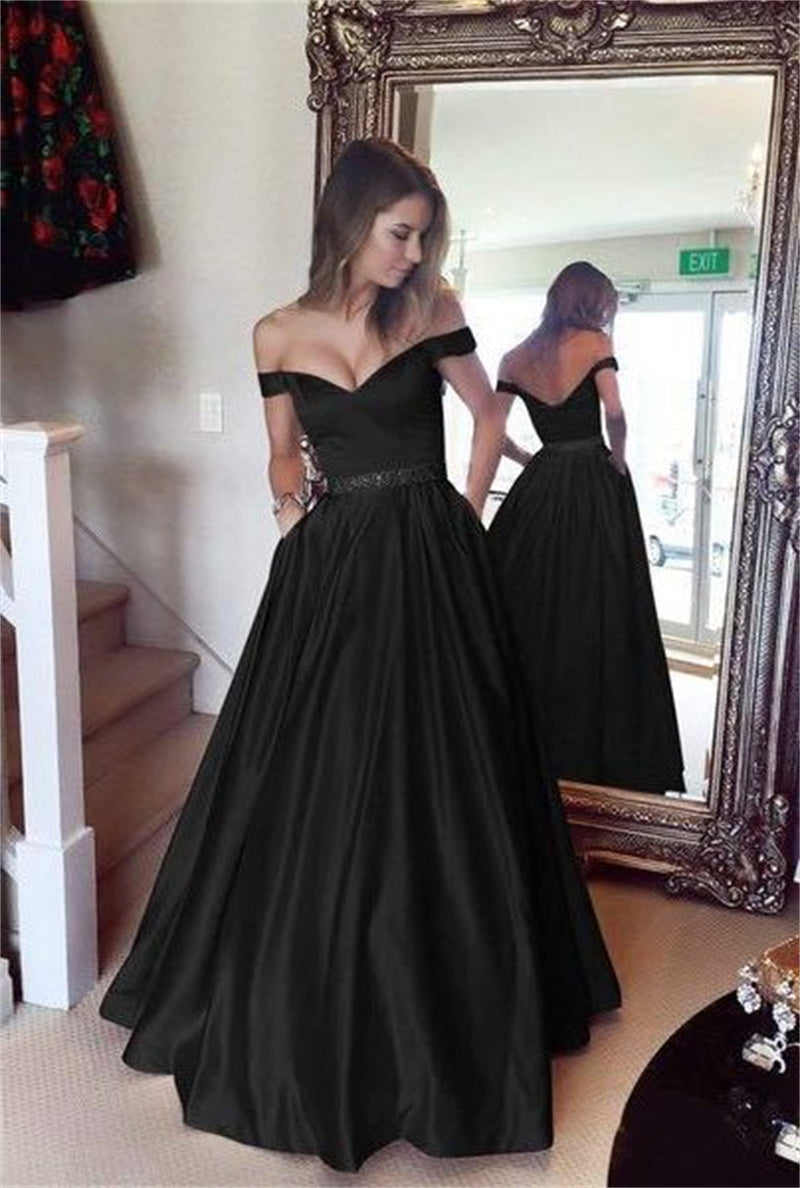 Elegant Off-Shoulder A-Line Evening Gown with Pockets for Women