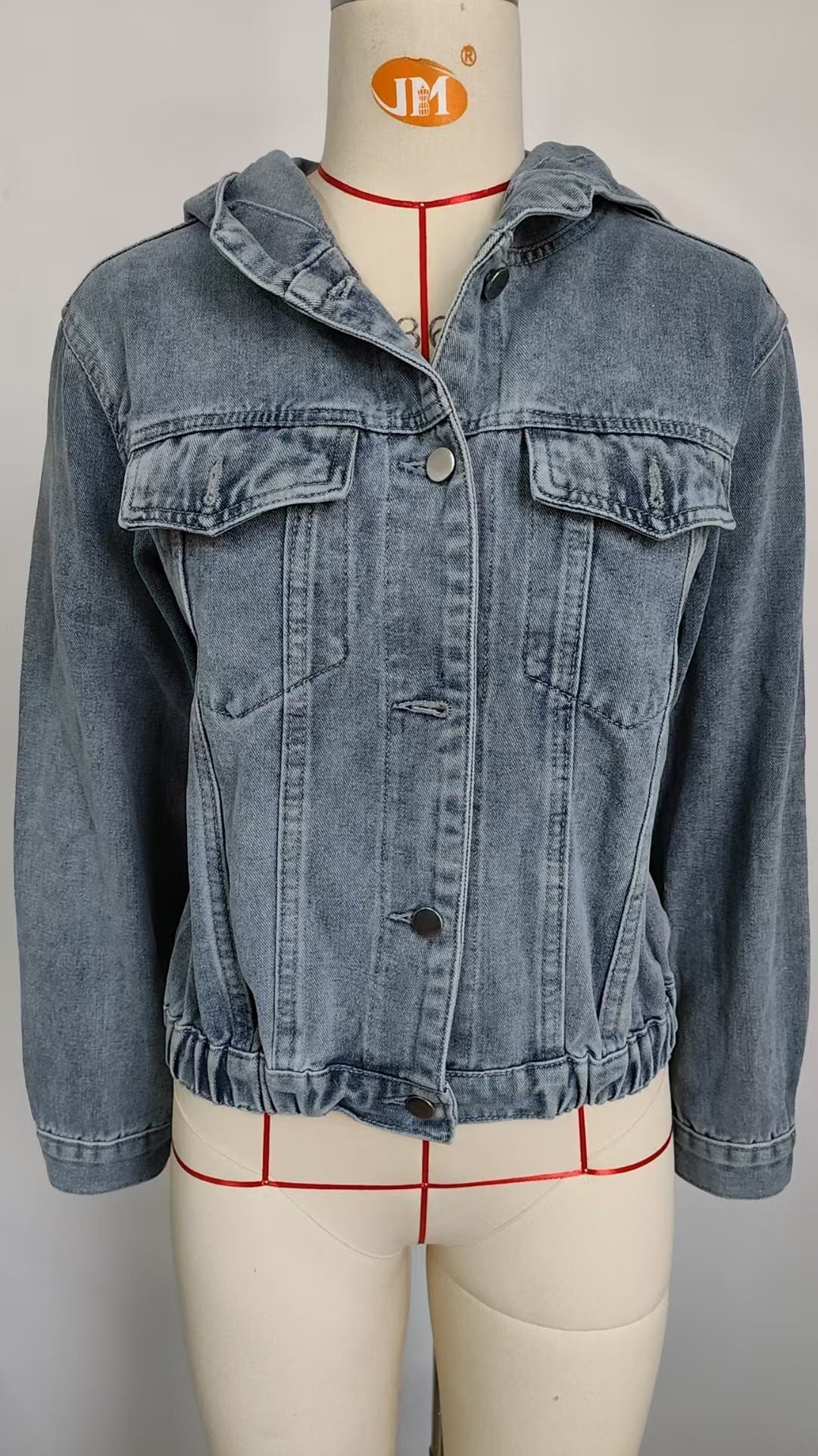 Relaxed Fit Washed Denim Hooded Jacket with Button Closure