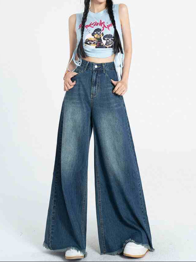 Women's High Waist Wide Leg Jeans - Retro Raw Hem Style