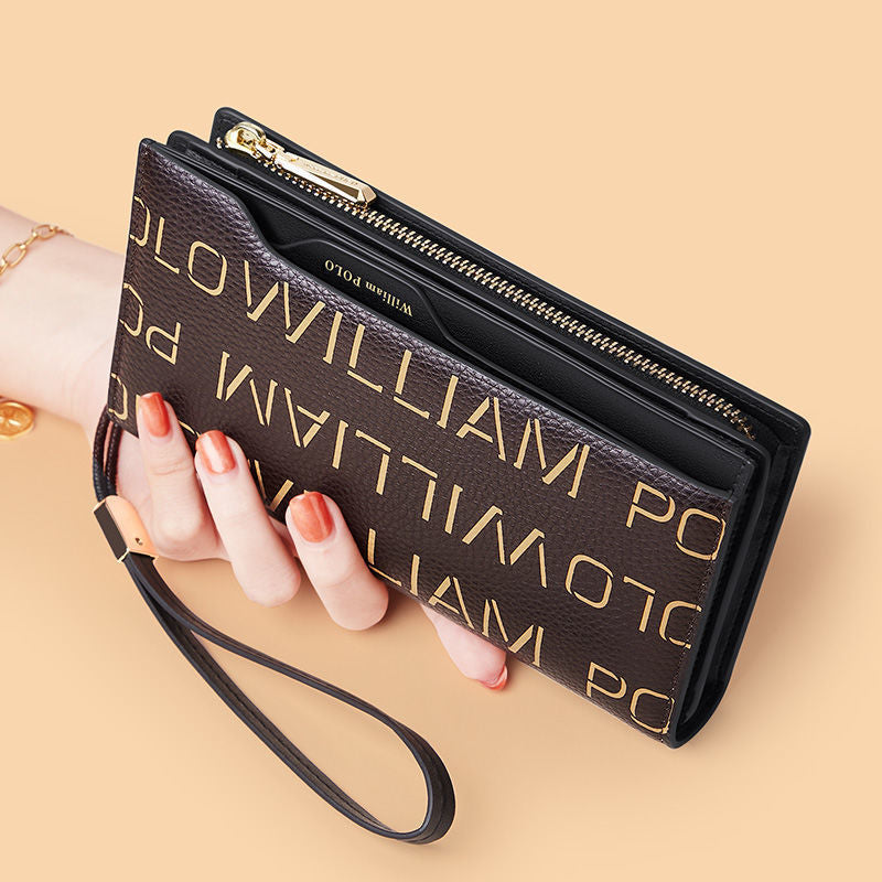 Elegant Genuine Cowhide Leather Wallet with Stylish Monogram Print and Wrist Strap