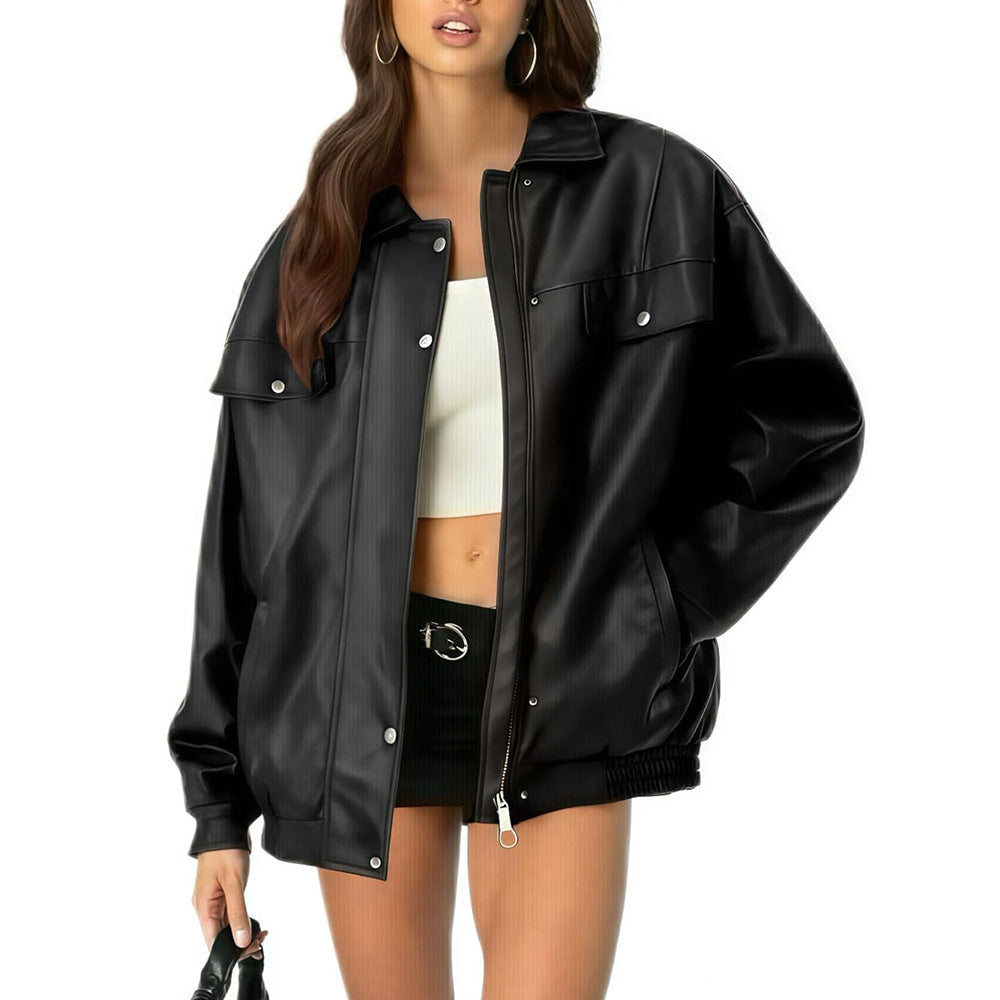 Chic Loose Fit Faux Leather Lapel Jacket Long Sleeve Motorcycle Style