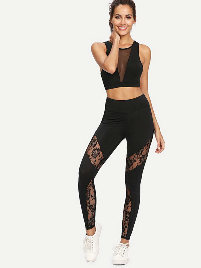 Stylish Lace Panel Activewear Leggings for Yoga and Training Comfort