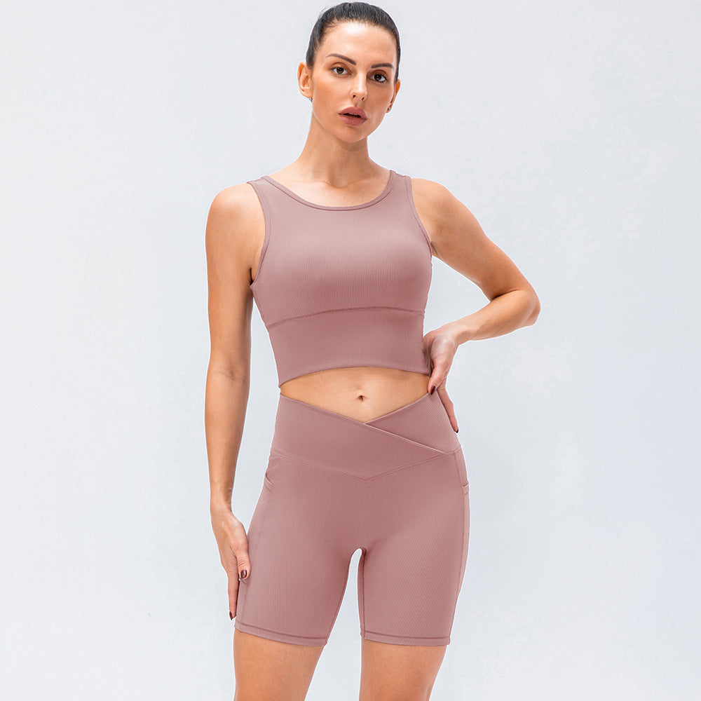Stylish Ribbed Crop Top and V Waist Biker Shorts Activewear Set