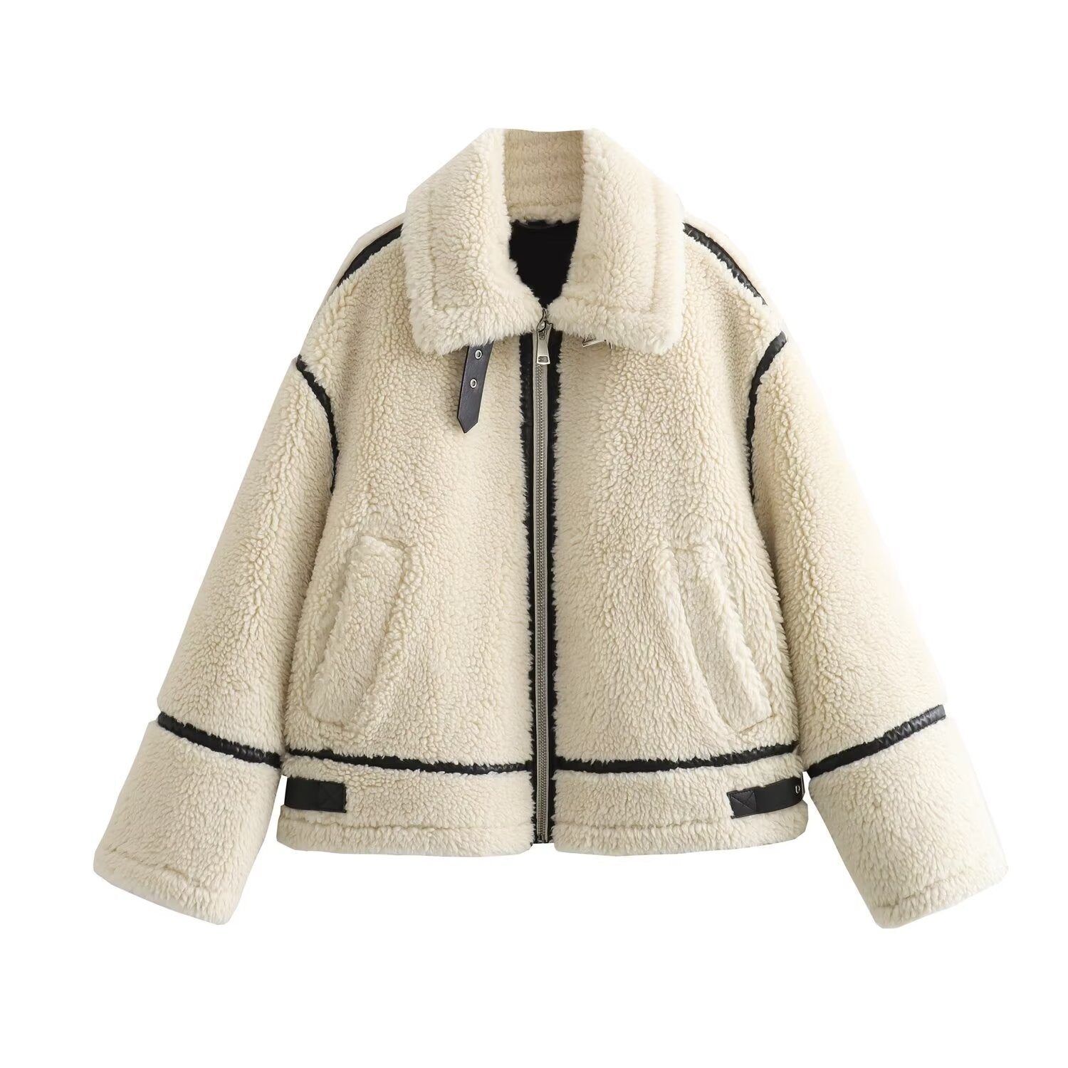 Chic Street Style Faux Shearling Patchwork Warm Zip Up Jacket