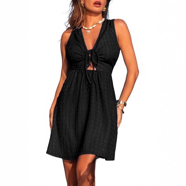 Effortless Summer V-neck A-Line Sleeveless Tie Front Mini Dress