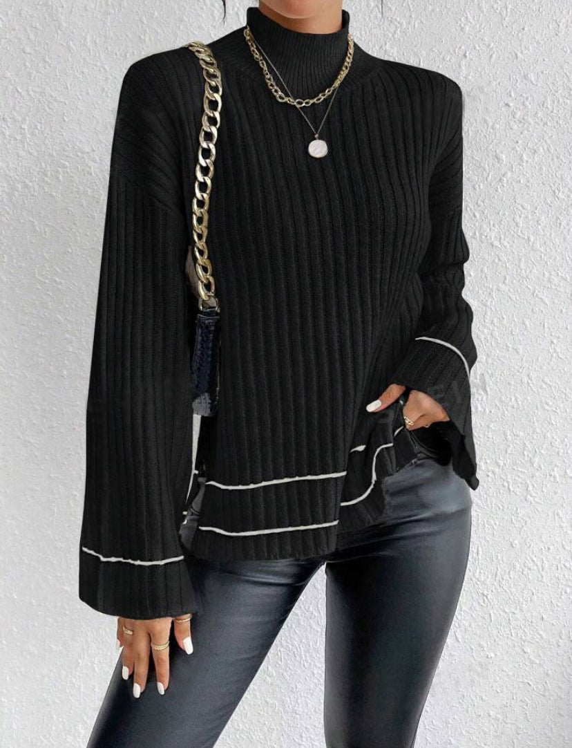 Cozy Loose Fit Ribbed Knit Turtleneck Sweater with Striped Sleeves