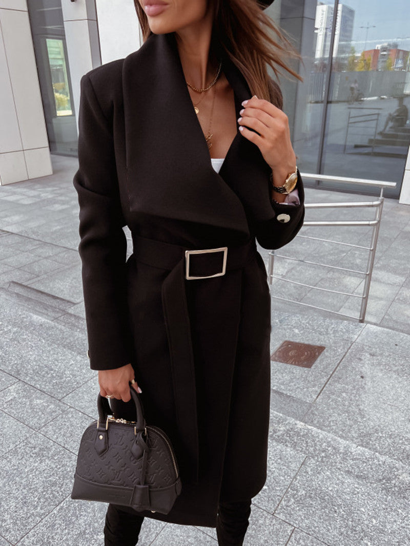 Elegant Tie-Waist Long Lapel Trench Coat for Women