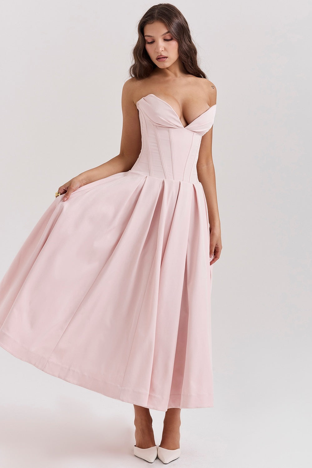 Elegant Strapless Corset Midi Dress - Evening & Party
