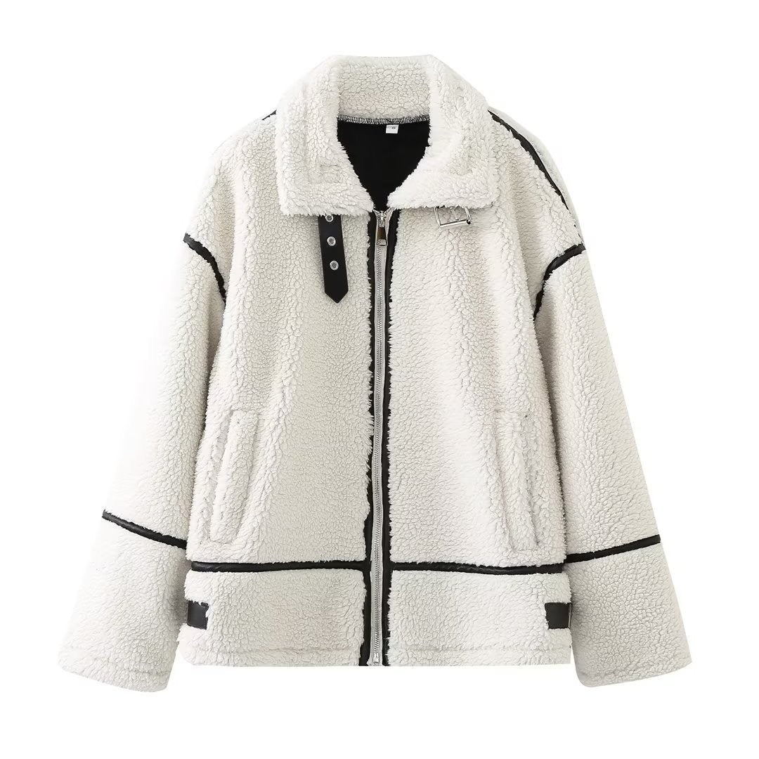 Chic Street Style Faux Shearling Patchwork Warm Zip Up Jacket